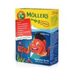 Moller's Omega-3  Pestisori gumati aroma de lamaie verde si capsuni, 36 jeleuri, Orkla Health
